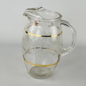 Vintage Bartlett Collins Golden Fruits Etched Glass Juice Pitcher 32 oz 7” Tall